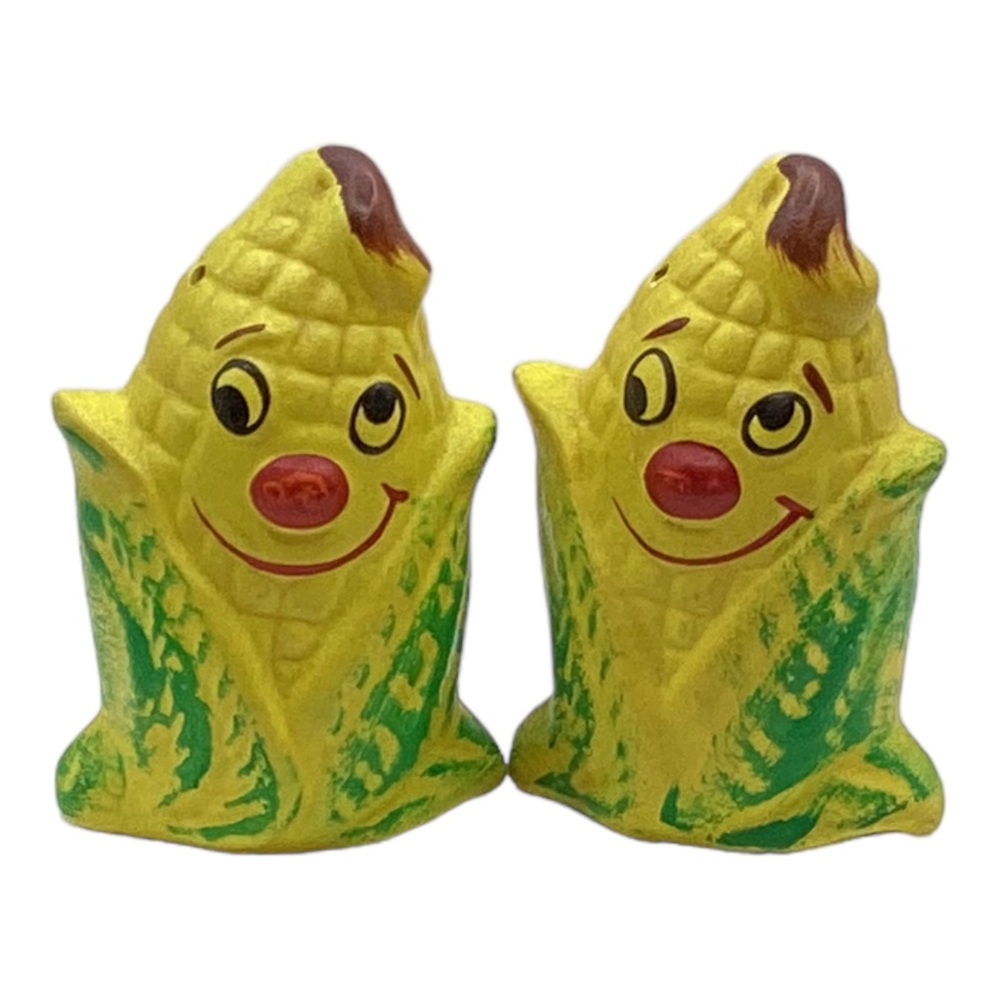 Salt & Pepper Chalk Ware Shakers Vintage Anthropomorphic Corn  3"